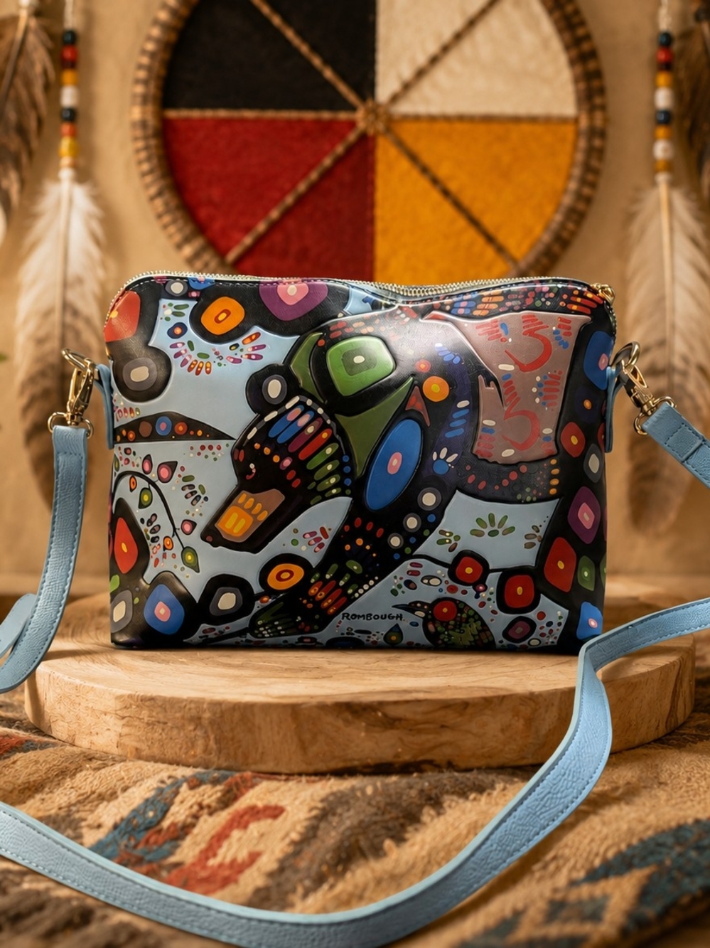 ROMGOUGH Colorful Art Print Crossbody Bag | Blue Strap | Abstract Bear Purse